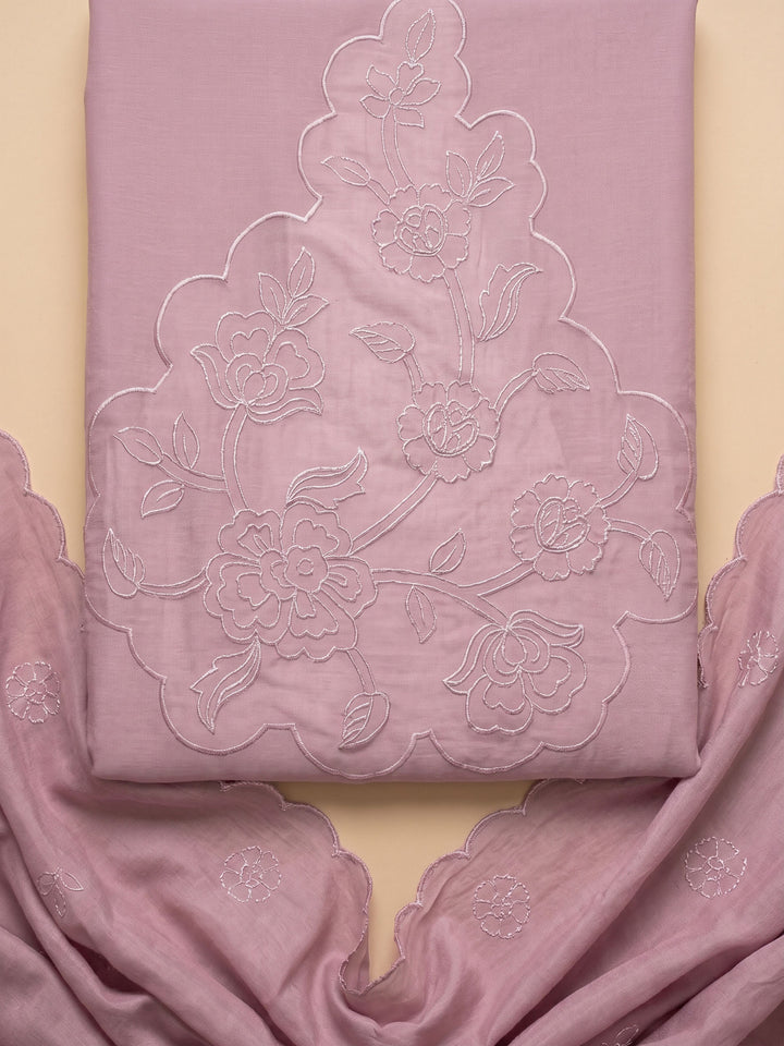 Pink Lavender Embroidered Chanderi Unstitched Suit &amp; Pant With Chanderi Dupatta
