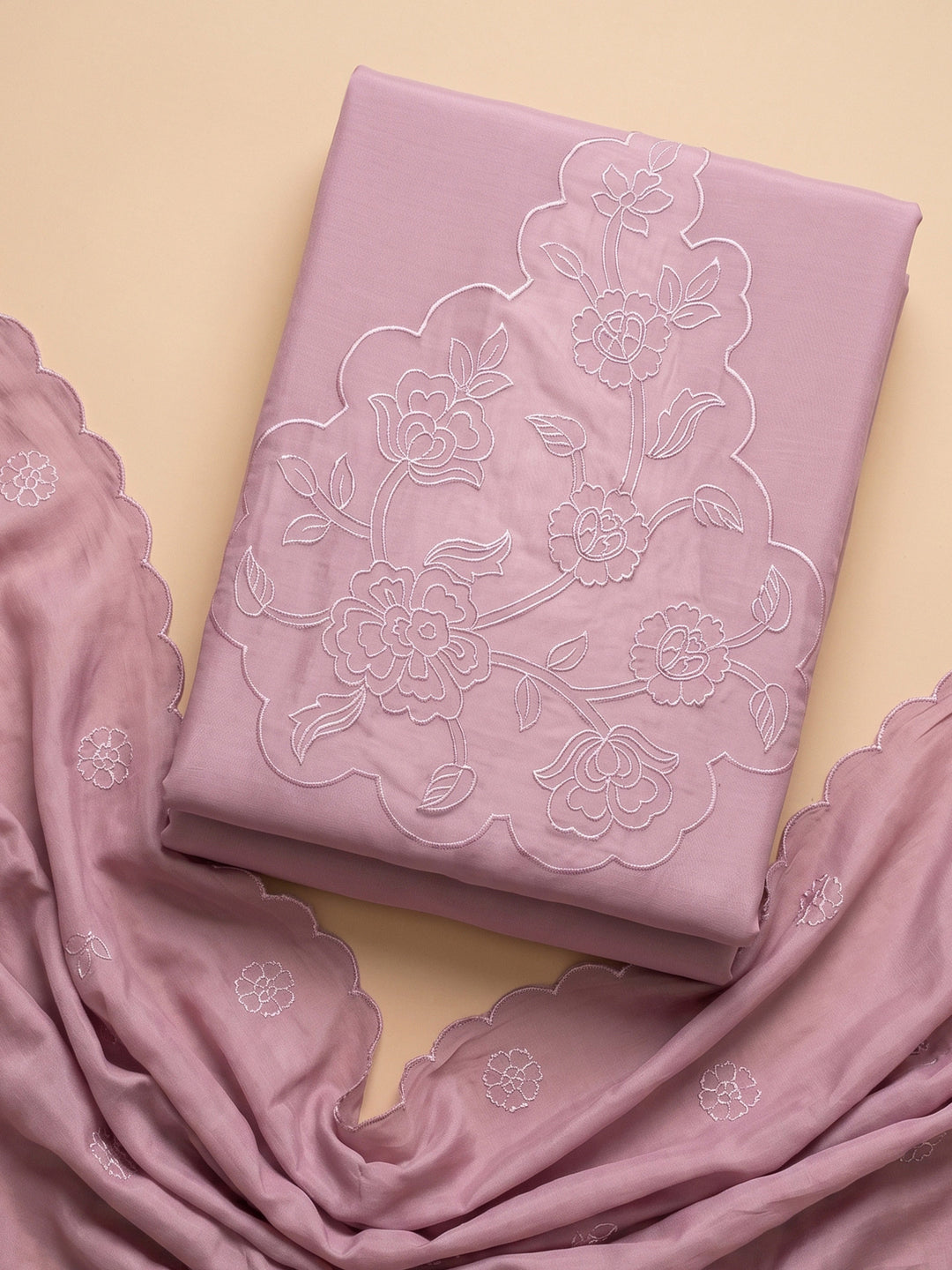 Pink Lavender Embroidered Chanderi Unstitched Suit &amp; Pant With Chanderi Dupatta