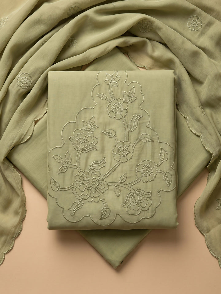Pista Green Embroidered Chanderi Unstitched Suit &amp; Pant With Chanderi Dupatta