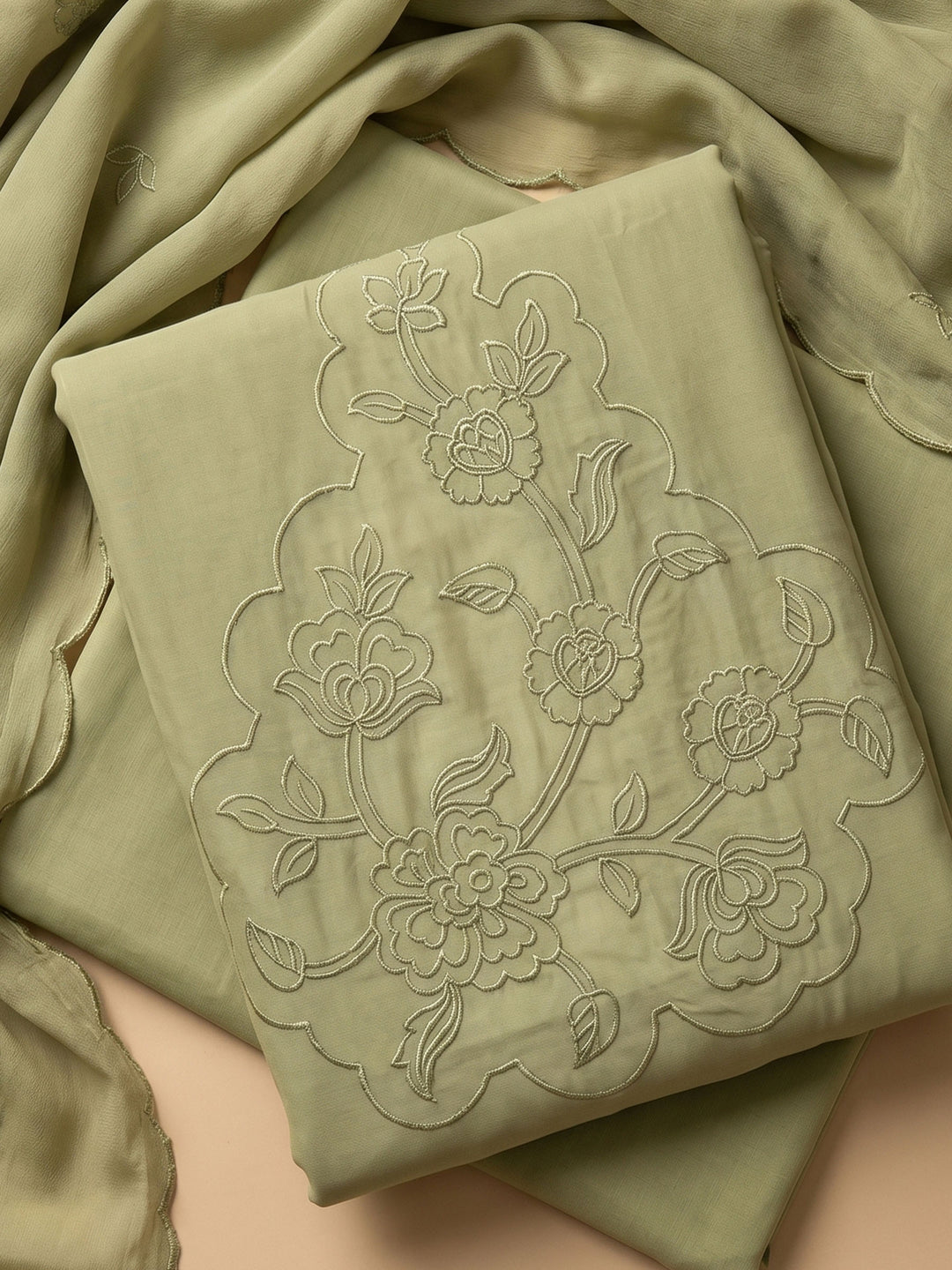 Pista Green Embroidered Chanderi Unstitched Suit &amp; Pant With Chanderi Dupatta