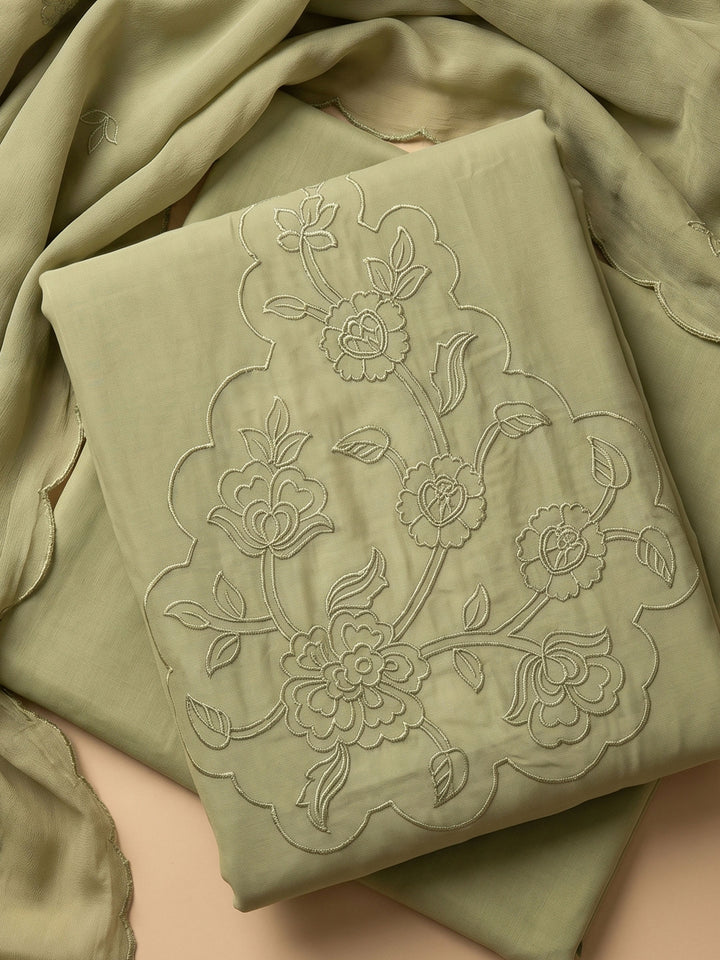 Pista Green Embroidered Chanderi Unstitched Suit &amp; Pant With Chanderi Dupatta