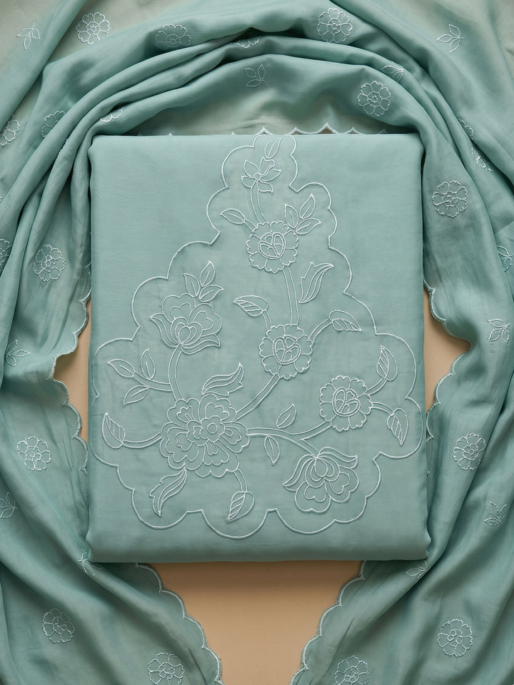 Sea Green Embroidered Chanderi Unstitched Suit &amp; Pant With Chanderi Dupatta