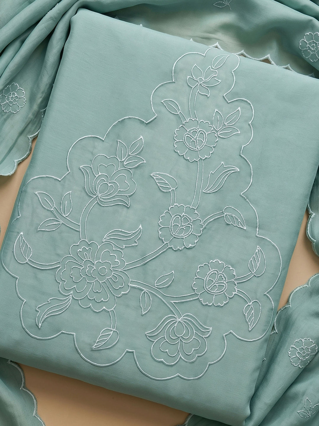 Sea Green Embroidered Chanderi Unstitched Suit &amp; Pant With Chanderi Dupatta