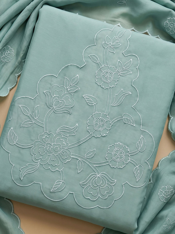 Sea Green Embroidered Chanderi Unstitched Suit &amp; Pant With Chanderi Dupatta