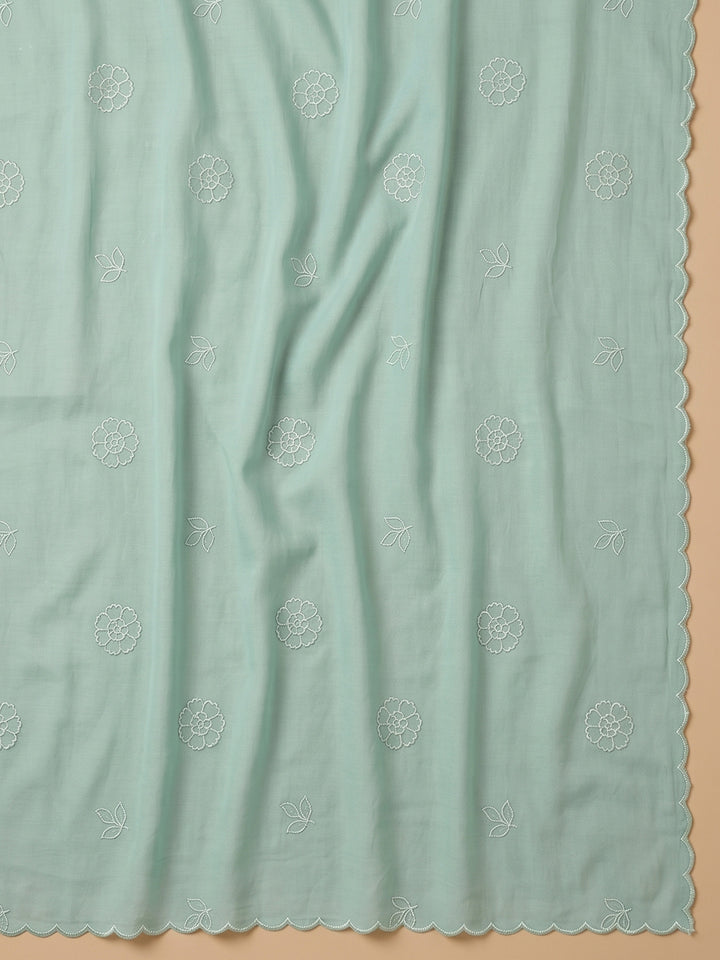 Sea Green Embroidered Chanderi Unstitched Suit &amp; Pant With Chanderi Dupatta