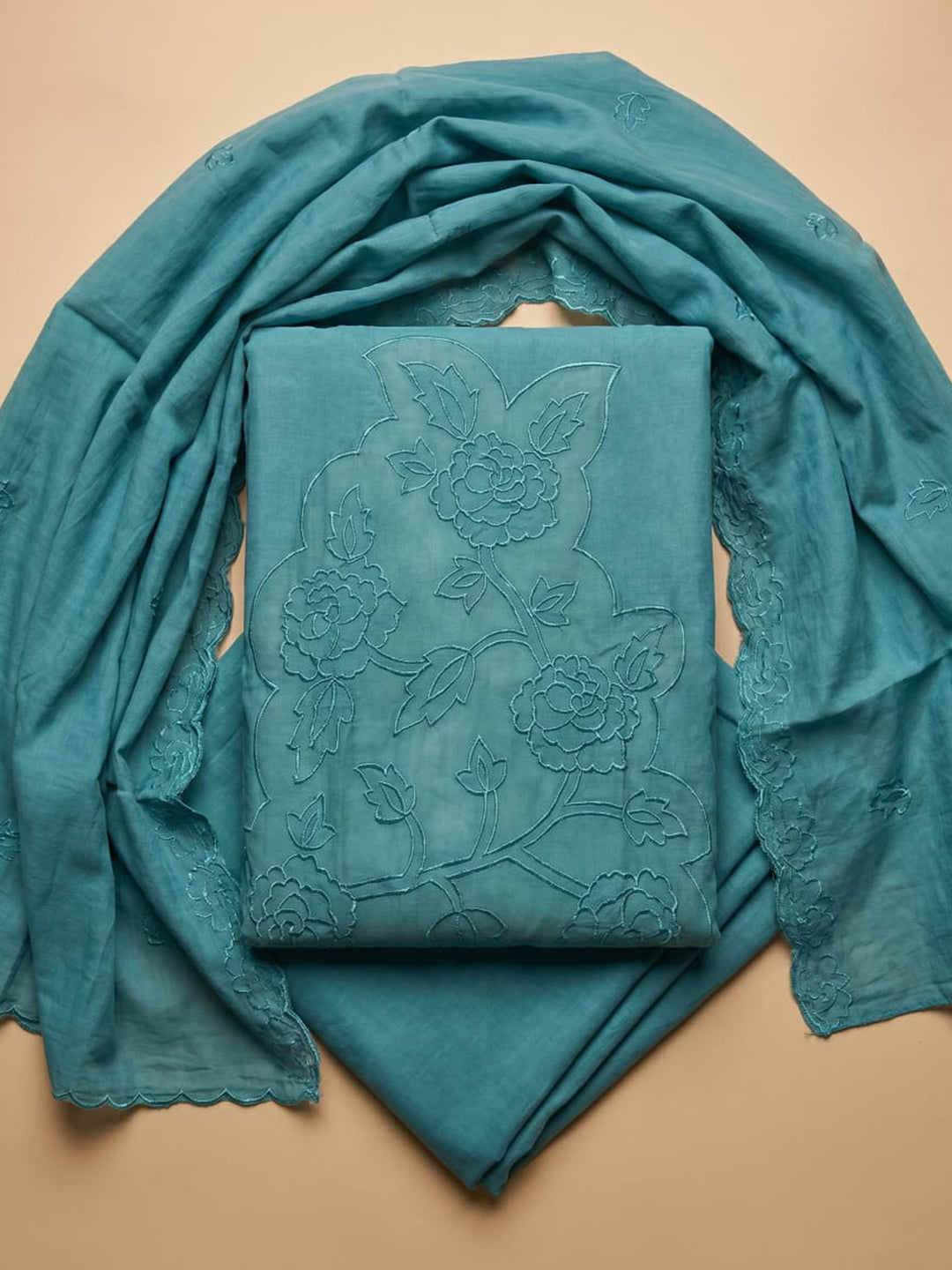 Sky Blue Embroidered Chanderi Unstitched Suit &amp; Pant With Chanderi Dupatta