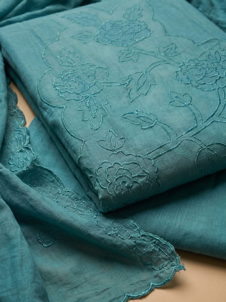 Sky Blue Embroidered Chanderi Unstitched Suit &amp; Pant With Chanderi Dupatta