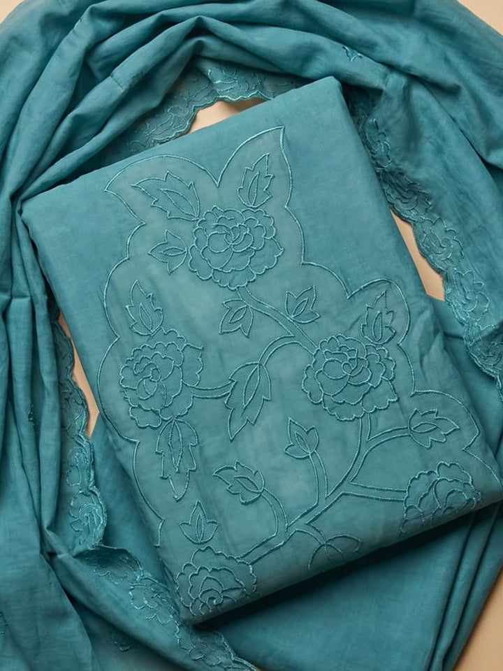 Sky Blue Embroidered Chanderi Unstitched Suit &amp; Pant With Chanderi Dupatta