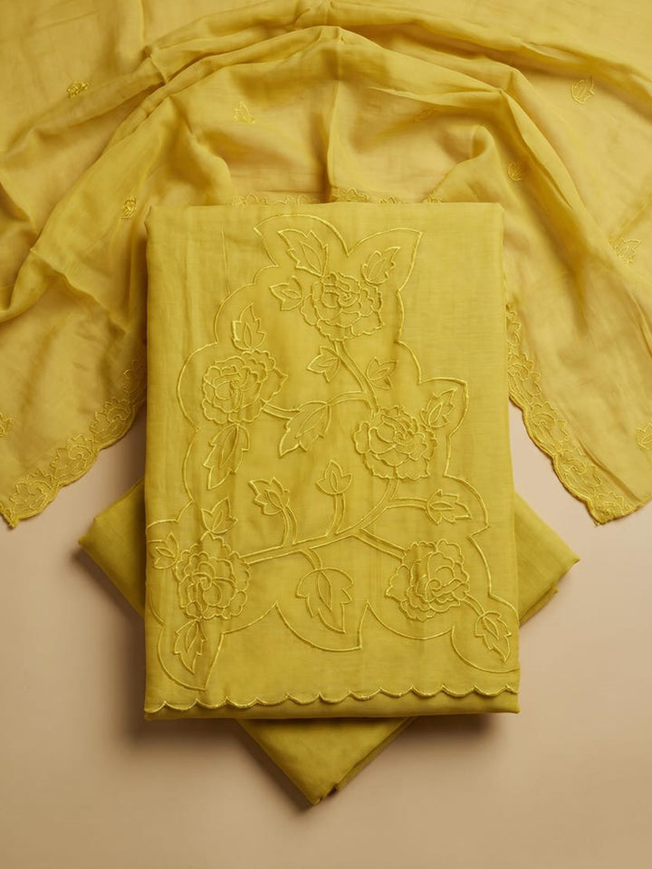 Yellow Embroidered Chanderi Unstitched Suit &amp; Pant With Chanderi Dupatta