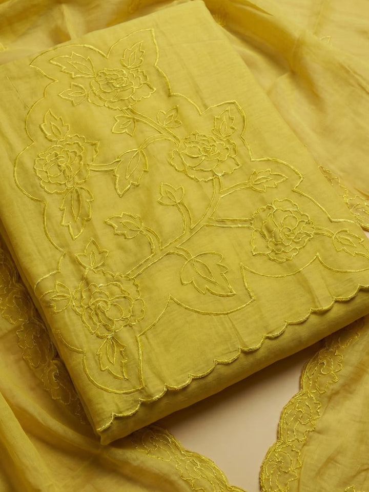 Yellow Embroidered Chanderi Unstitched Suit &amp; Pant With Chanderi Dupatta
