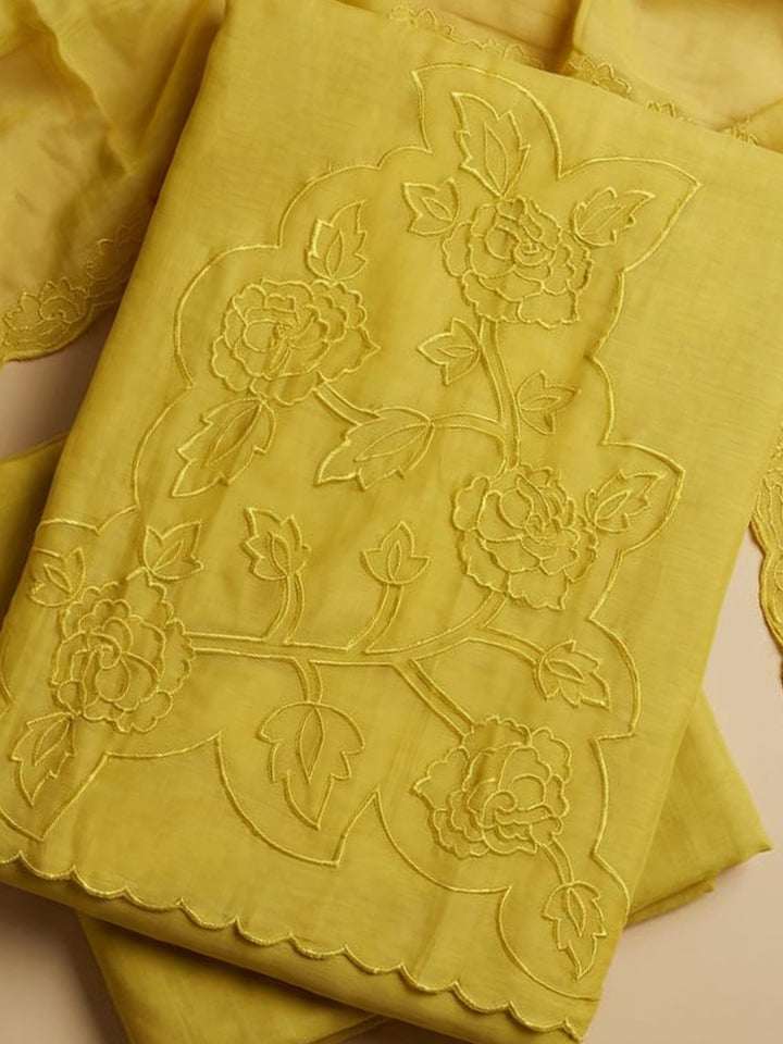 Yellow Embroidered Chanderi Unstitched Suit &amp; Pant With Chanderi Dupatta