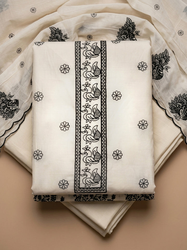 Off White Embroidered Chanderi Unstitched Suit &amp; Pant With Chanderi Dupatta