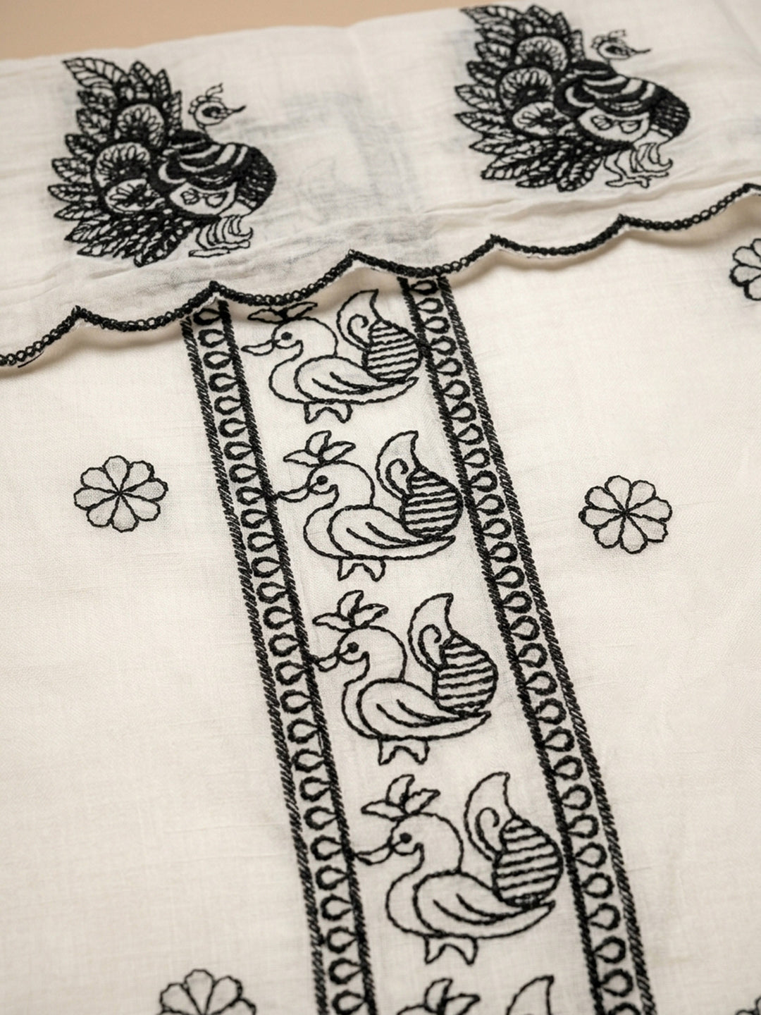 Off White Embroidered Chanderi Unstitched Suit &amp; Pant With Chanderi Dupatta