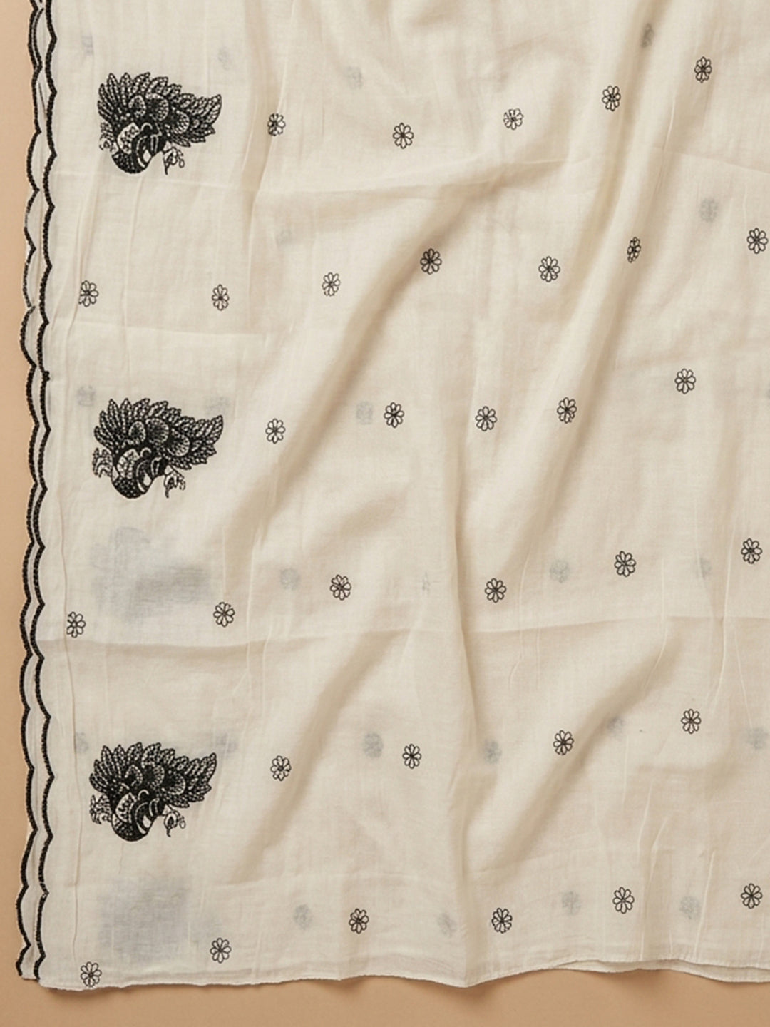 Off White Embroidered Chanderi Unstitched Suit &amp; Pant With Chanderi Dupatta