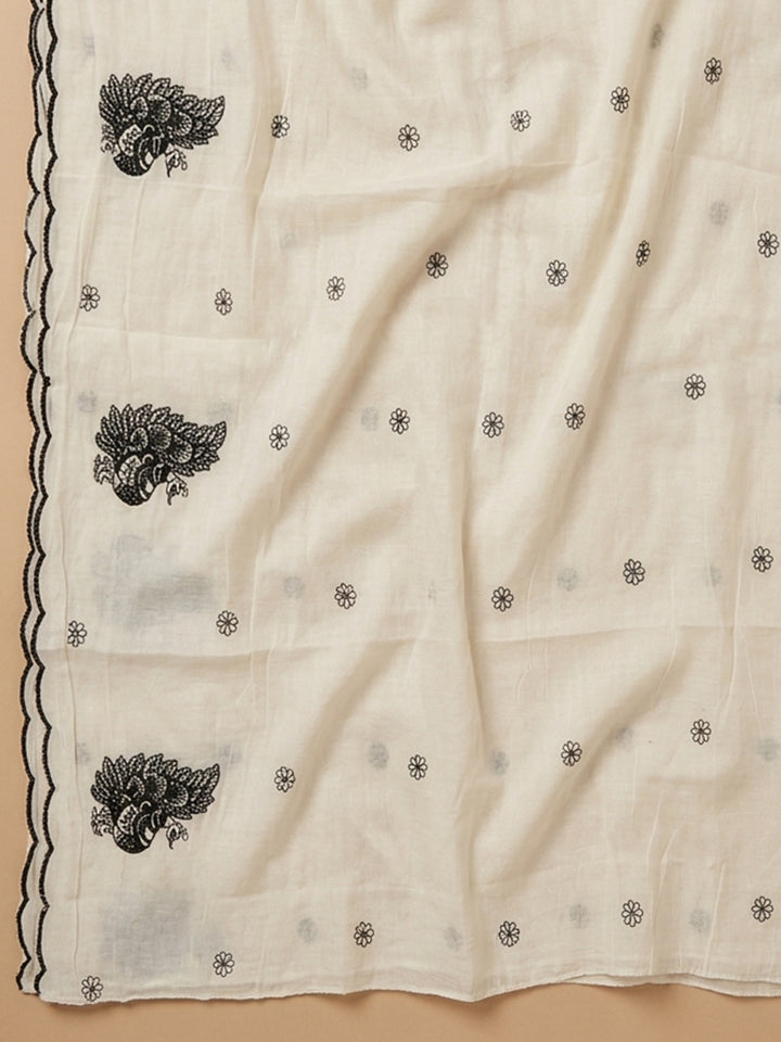 Off White Embroidered Chanderi Unstitched Suit &amp; Pant With Chanderi Dupatta