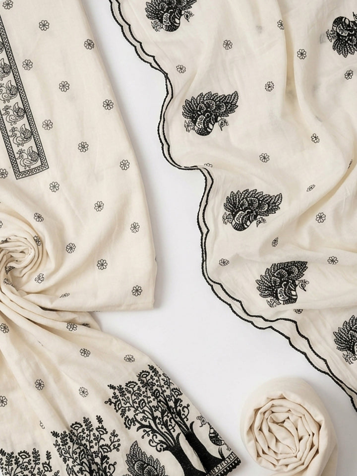 Off White Embroidered Chanderi Unstitched Suit &amp; Pant With Chanderi Dupatta
