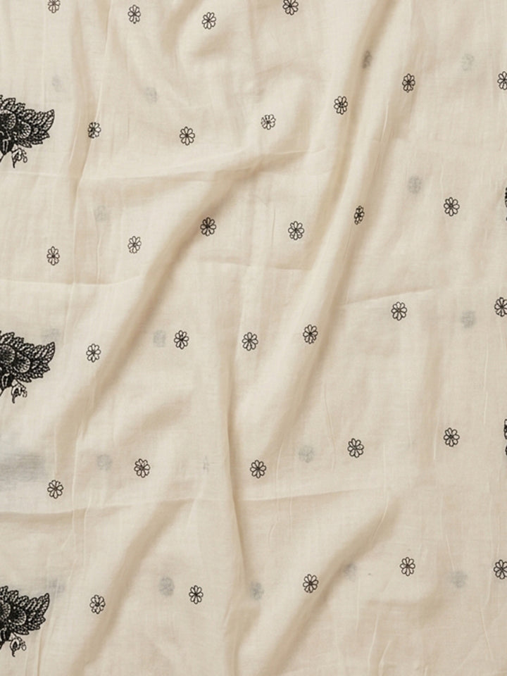 Off White Embroidered Chanderi Unstitched Suit &amp; Pant With Chanderi Dupatta