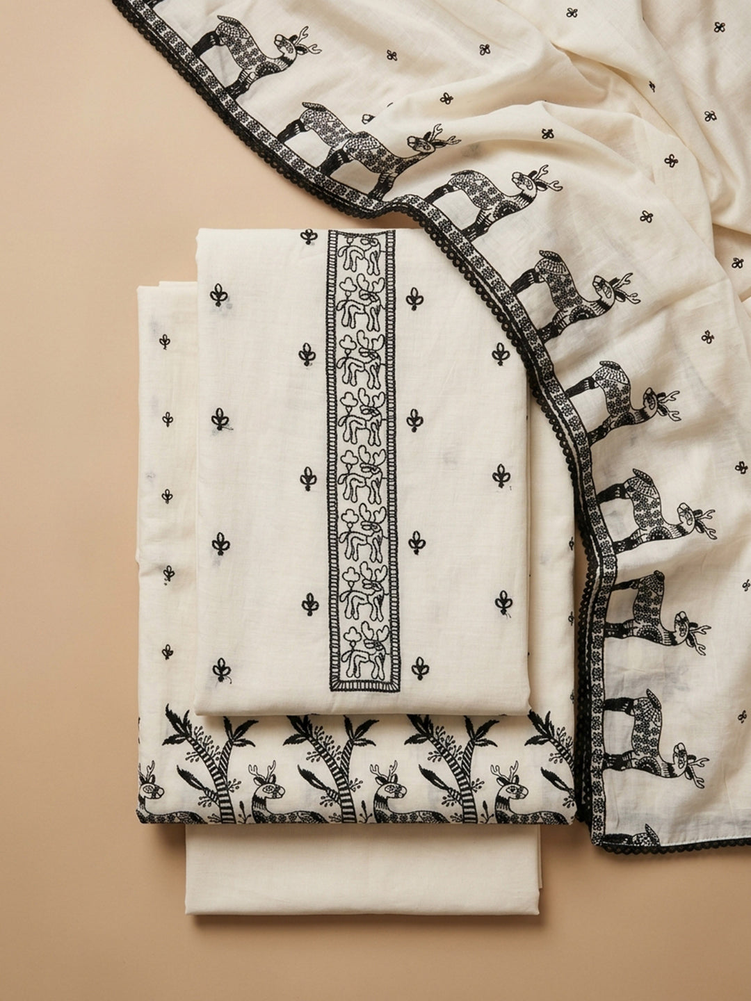 Off White Embroidered Chanderi Unstitched Suit &amp; Pant With Chanderi Dupatta