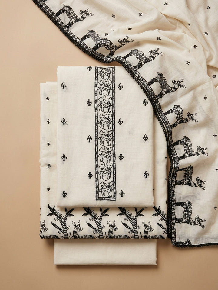 Off White Embroidered Chanderi Unstitched Suit &amp; Pant With Chanderi Dupatta