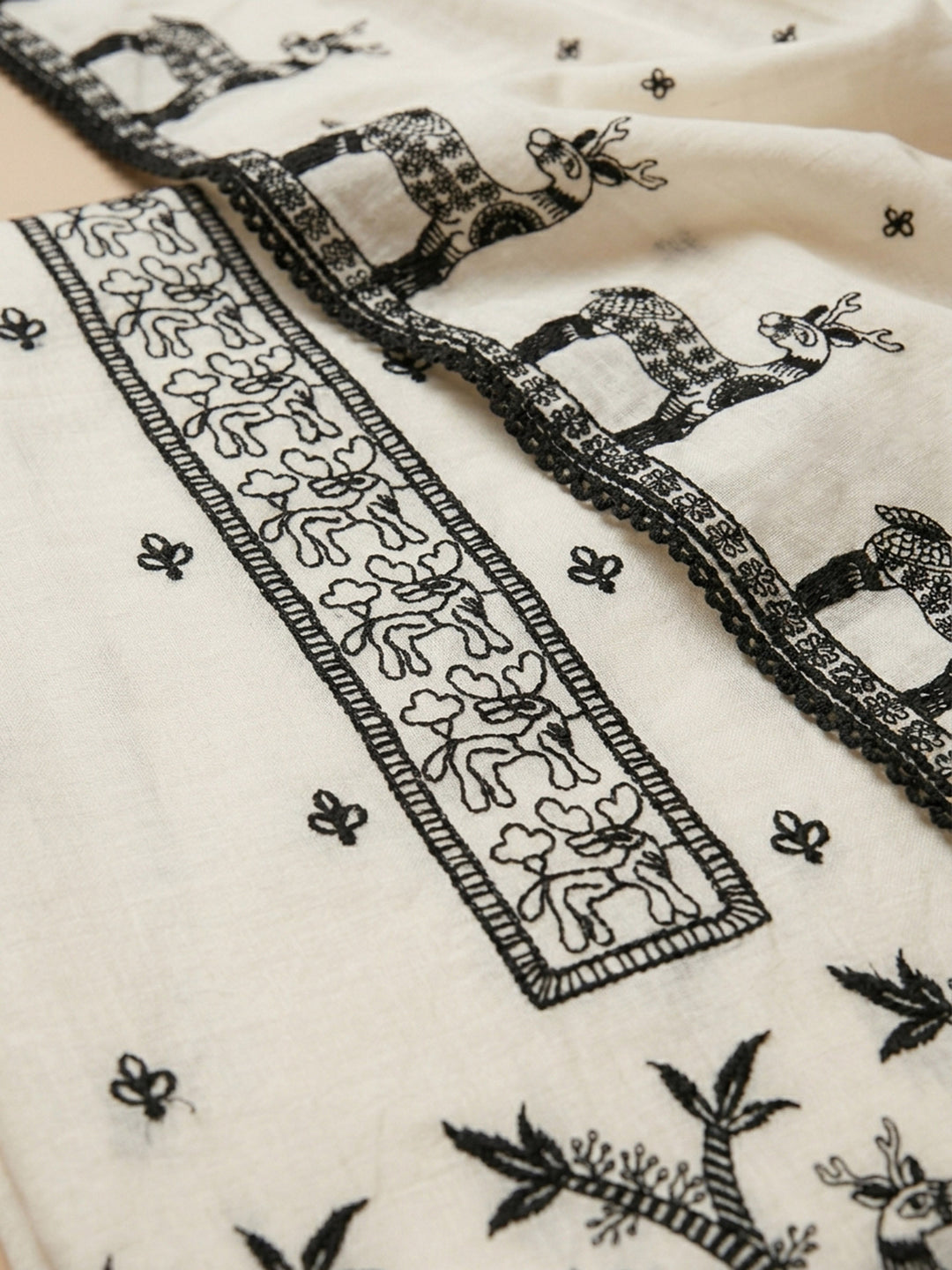 Off White Embroidered Chanderi Unstitched Suit &amp; Pant With Chanderi Dupatta