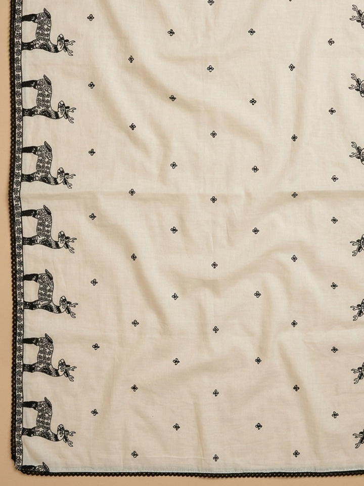 Off White Embroidered Chanderi Unstitched Suit &amp; Pant With Chanderi Dupatta