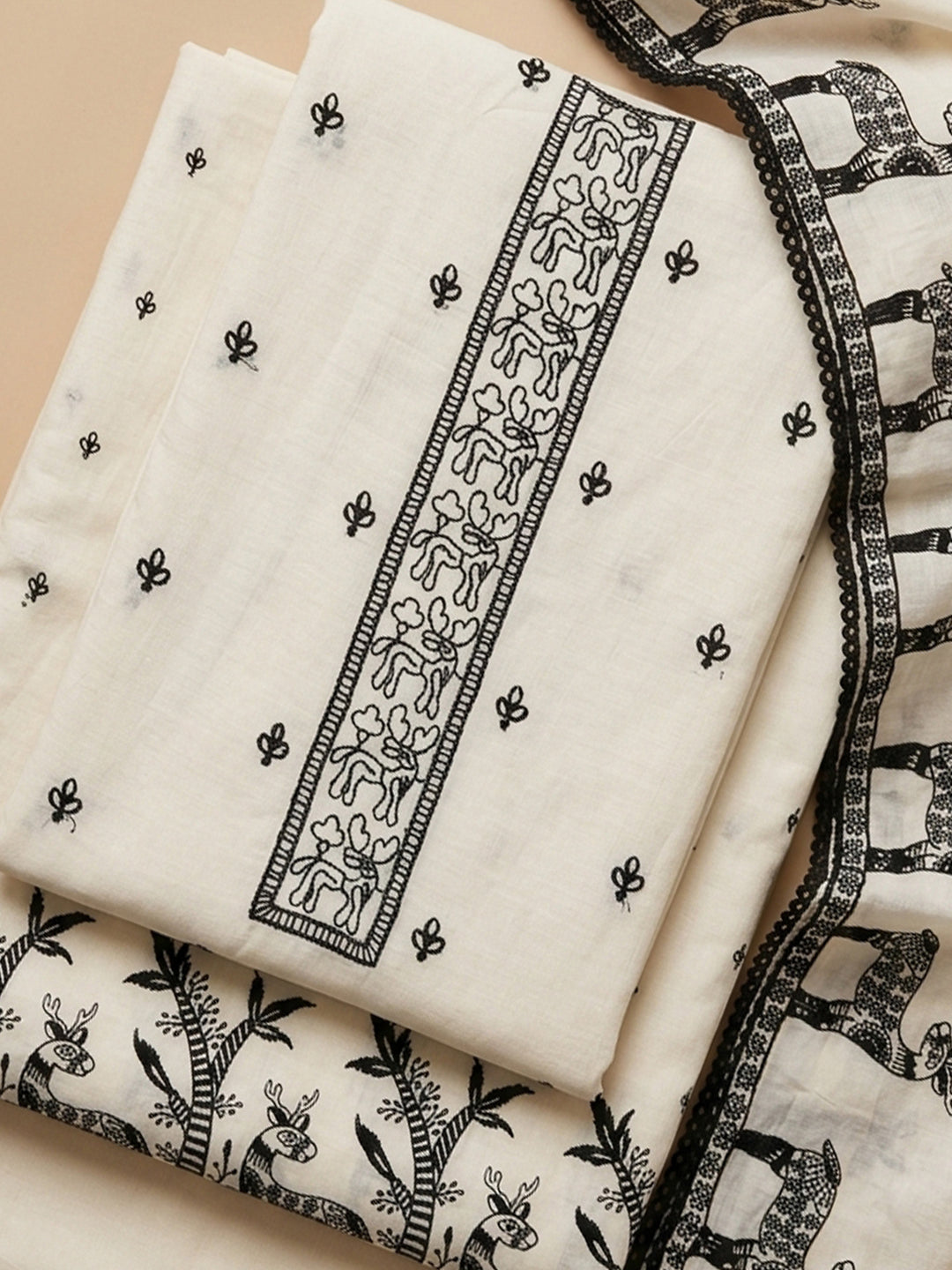 Off White Embroidered Chanderi Unstitched Suit &amp; Pant With Chanderi Dupatta