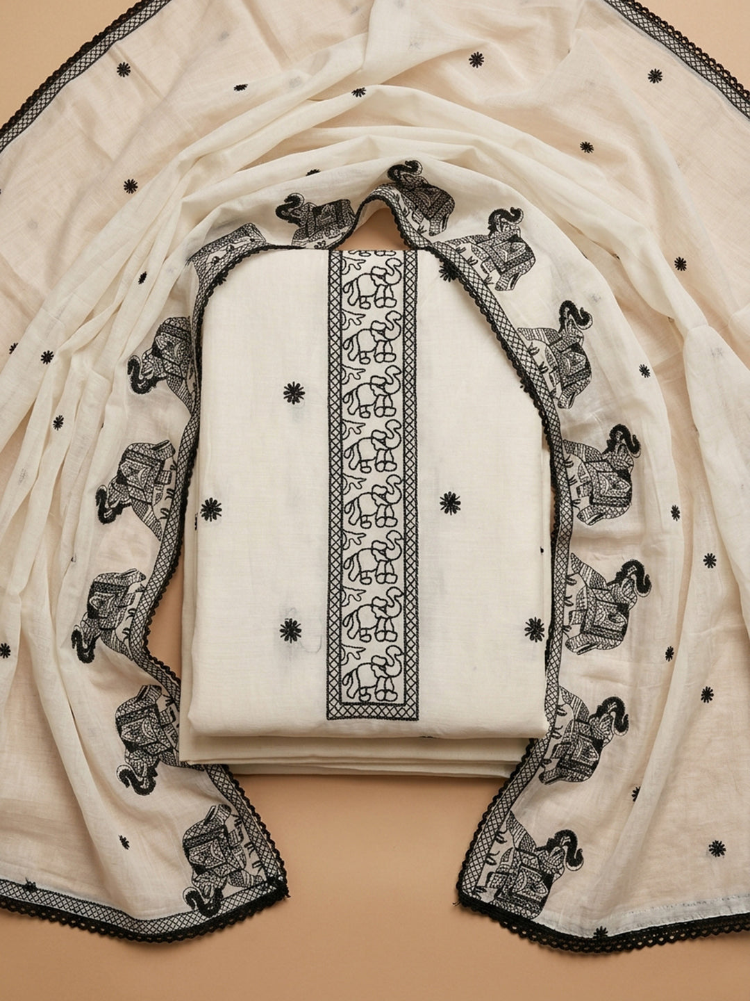 Off White Embroidered Chanderi Unstitched Suit &amp; Pant With Chanderi Dupatta