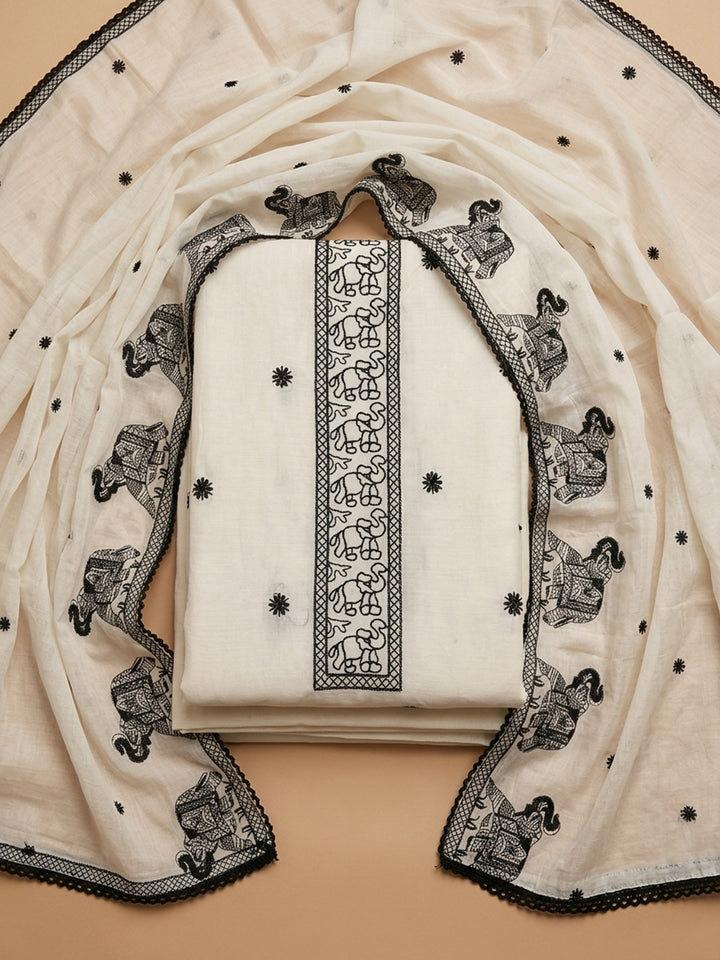 Off White Embroidered Chanderi Unstitched Suit &amp; Pant With Chanderi Dupatta