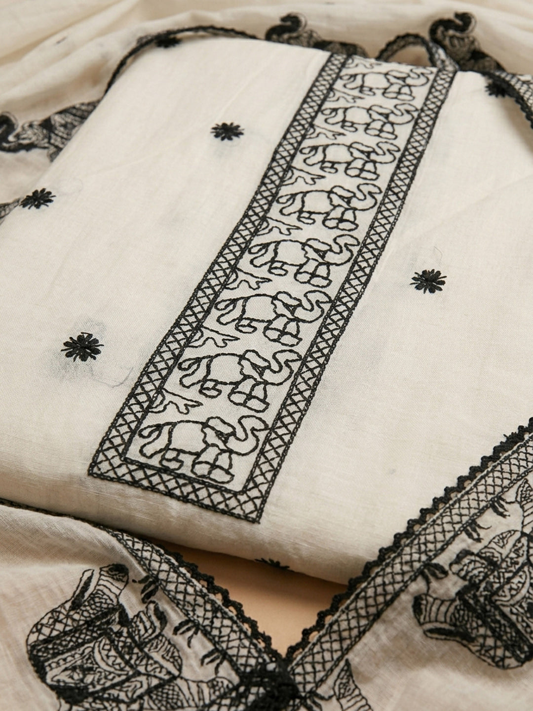 Off White Embroidered Chanderi Unstitched Suit &amp; Pant With Chanderi Dupatta