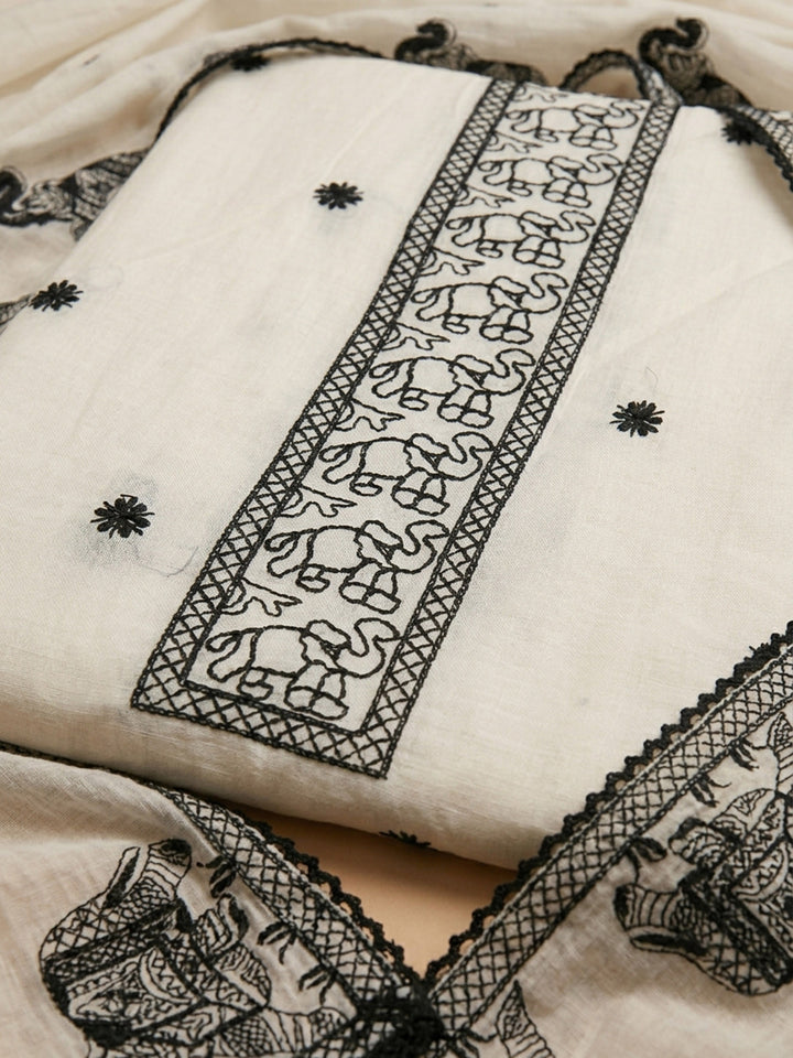 Off White Embroidered Chanderi Unstitched Suit &amp; Pant With Chanderi Dupatta