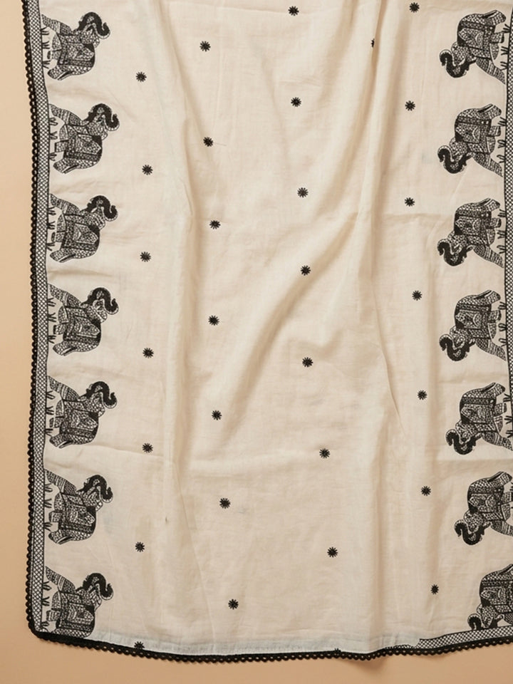 Off White Embroidered Chanderi Unstitched Suit &amp; Pant With Chanderi Dupatta