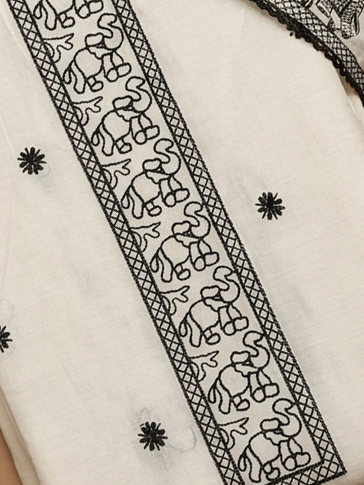 Off White Embroidered Chanderi Unstitched Suit &amp; Pant With Chanderi Dupatta