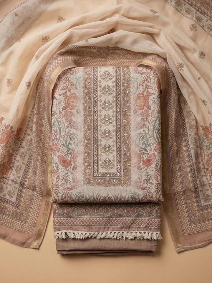 Beige Printed Linen Blend Unstitched Suit With Pant &amp; Dupatta