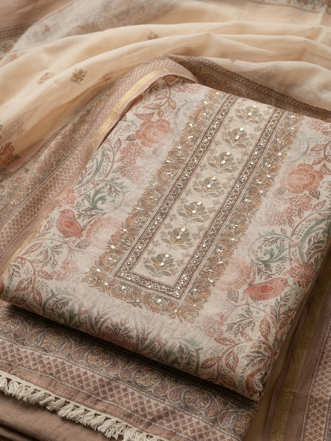 Beige Printed Linen Blend Unstitched Suit With Pant &amp; Dupatta