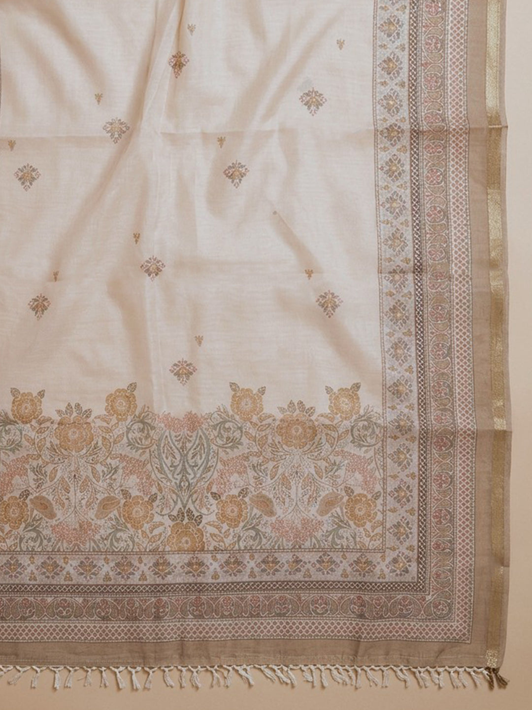 Beige Printed Linen Blend Unstitched Suit With Pant &amp; Dupatta