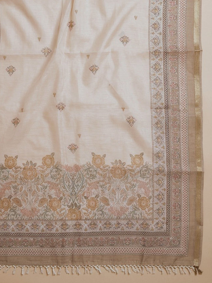 Beige Printed Linen Blend Unstitched Suit With Pant &amp; Dupatta