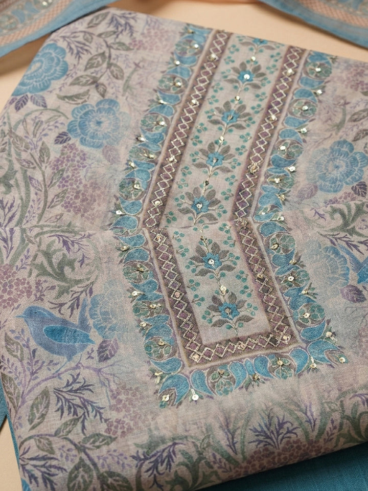 Firozee Printed Linen Blend Unstitched Suit With Pant &amp; Dupatta