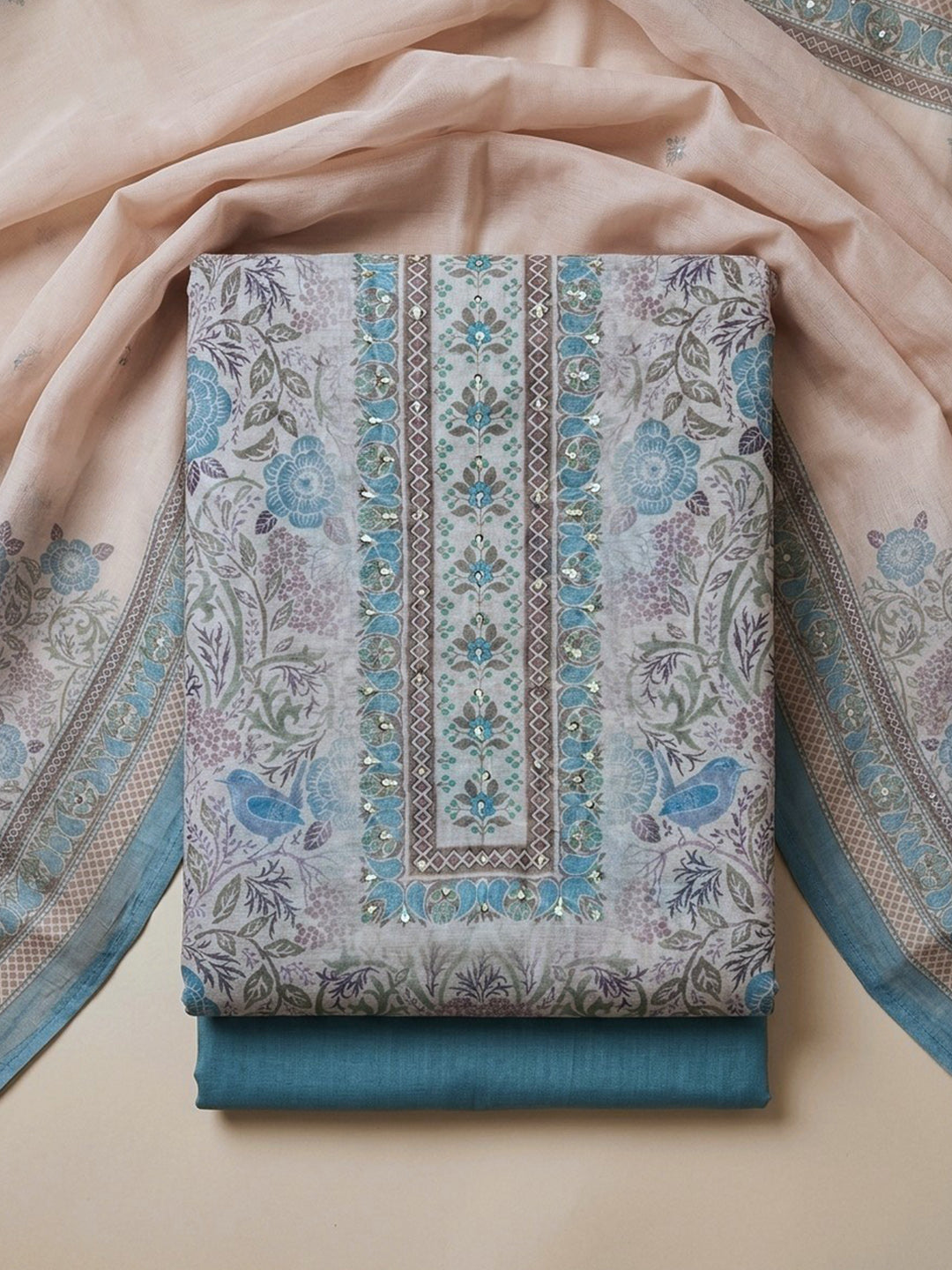Firozee Printed Linen Blend Unstitched Suit With Pant &amp; Dupatta