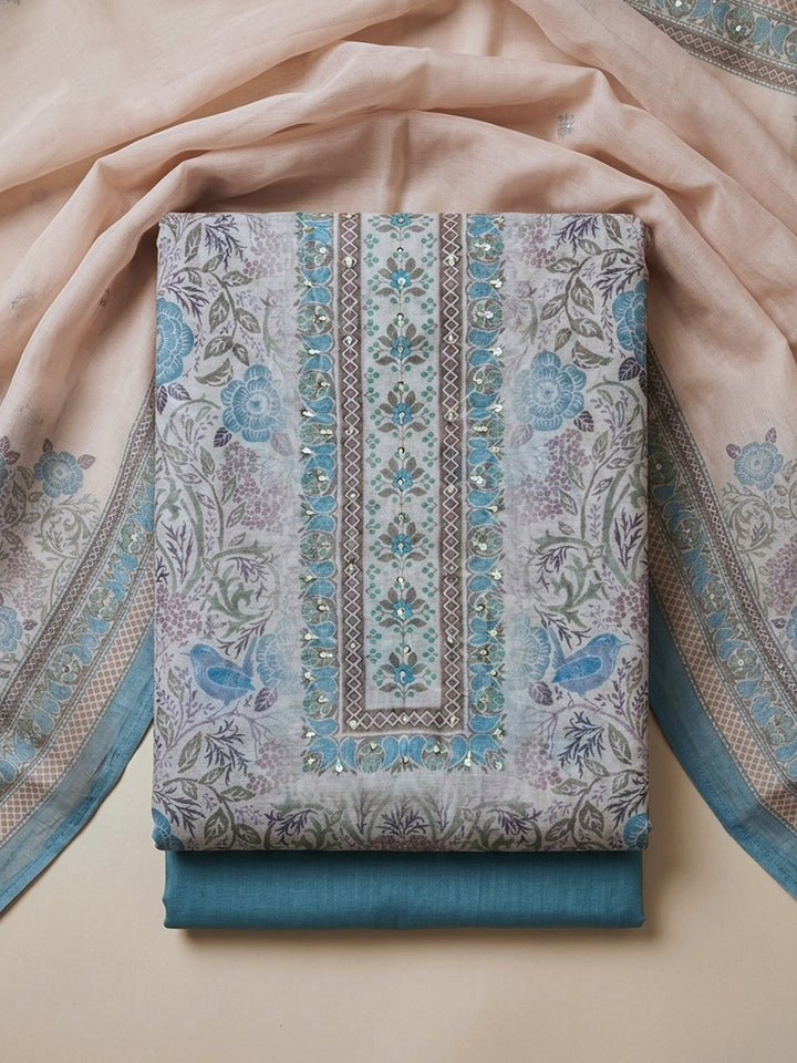 Firozee Printed Linen Blend Unstitched Suit With Pant &amp; Dupatta