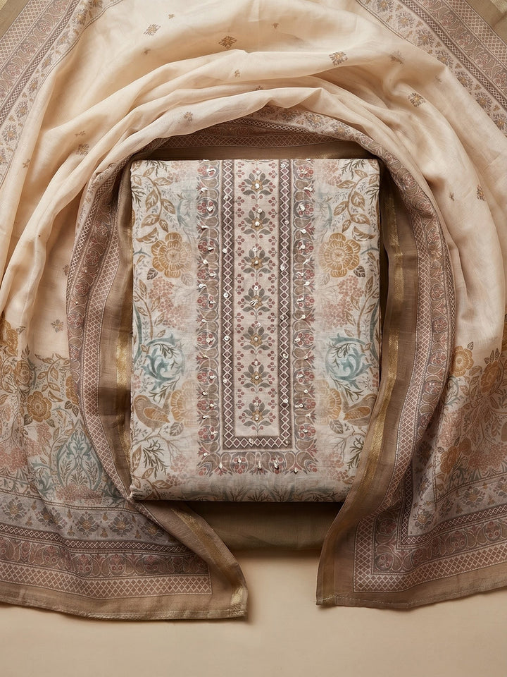 Mehndi Printed Linen Blend Unstitched Suit With Pant &amp; Dupatta