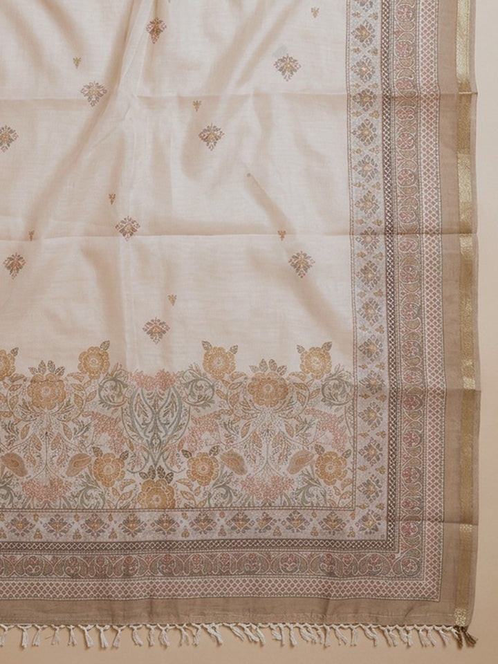 Mehndi Printed Linen Blend Unstitched Suit With Pant &amp; Dupatta
