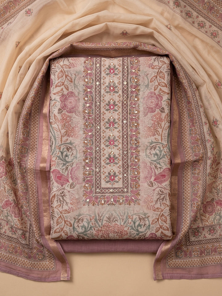 Onion Pink Printed Linen Blend Unstitched Suit With Pant &amp; Dupatta