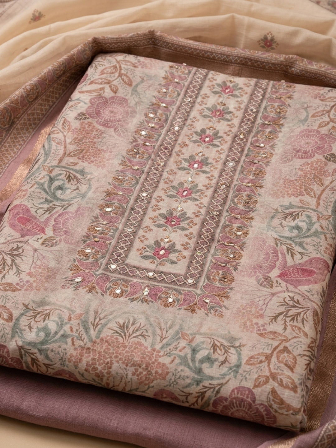 Onion Pink Printed Linen Blend Unstitched Suit With Pant &amp; Dupatta