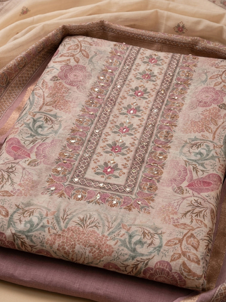 Onion Pink Printed Linen Blend Unstitched Suit With Pant &amp; Dupatta