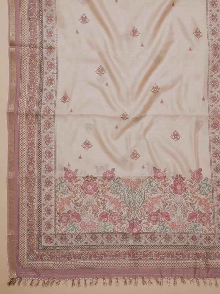 Onion Pink Printed Linen Blend Unstitched Suit With Pant &amp; Dupatta
