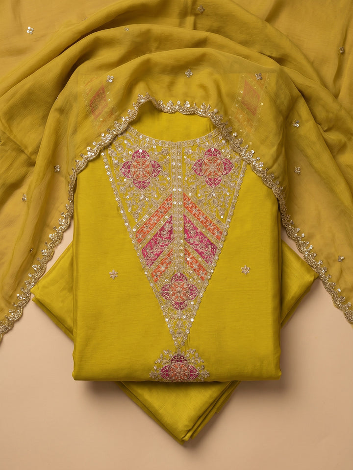 Mustard Embroidered Chanderi Unstitched Suit With Pant &amp; Dupatta