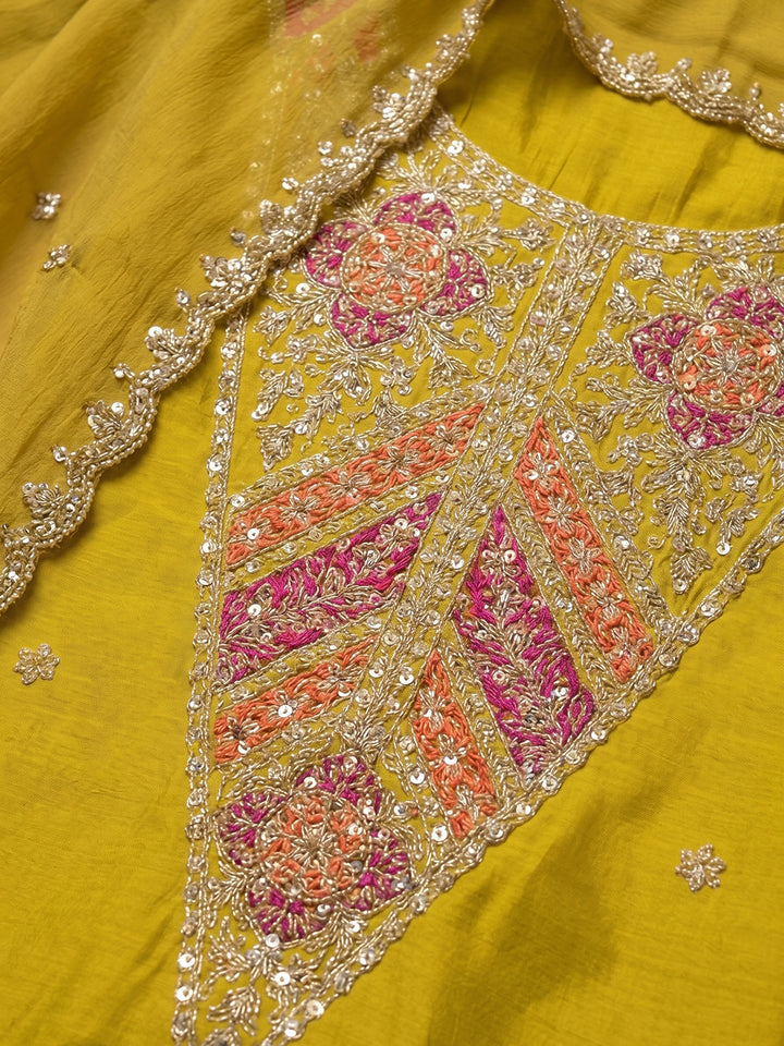 Mustard Embroidered Chanderi Unstitched Suit With Pant &amp; Dupatta