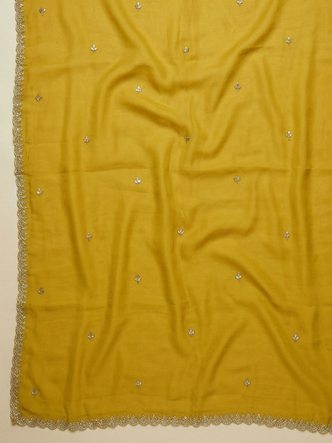 Mustard Embroidered Chanderi Unstitched Suit With Pant &amp; Dupatta