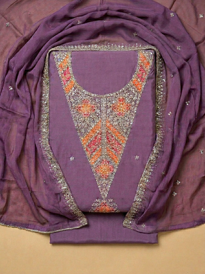 Purple Embroidered Chanderi Unstitched Suit With Pant &amp; Dupatta