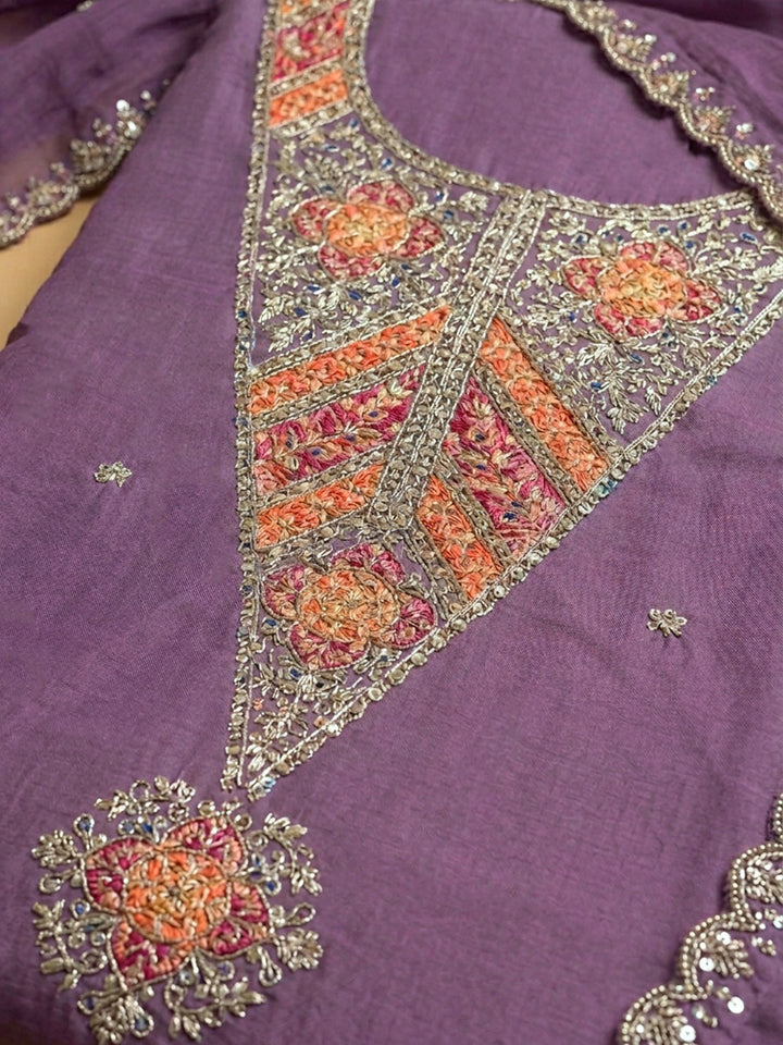 Purple Embroidered Chanderi Unstitched Suit With Pant &amp; Dupatta